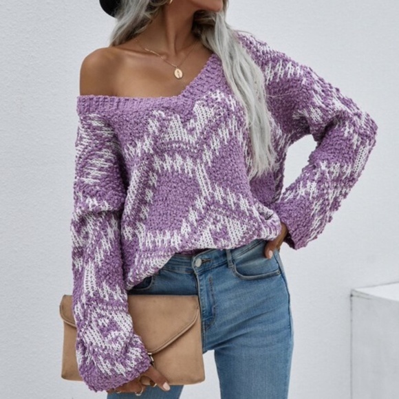 BellanBlue Sweaters - Lilac Purple Popcorn V-neck Off shoulder distressed Sweater